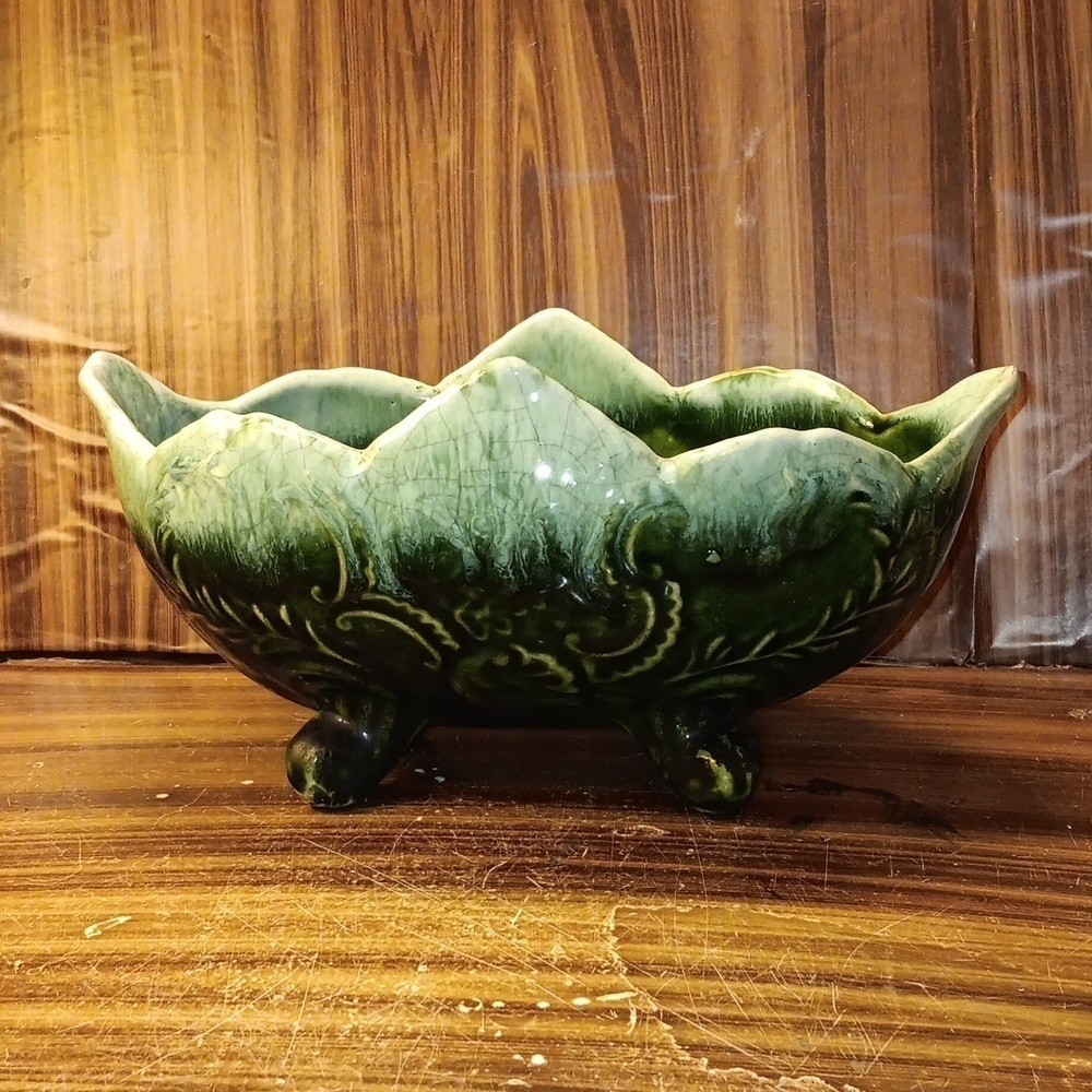 Vintage mcm green California pottery planter fruit bowl footed